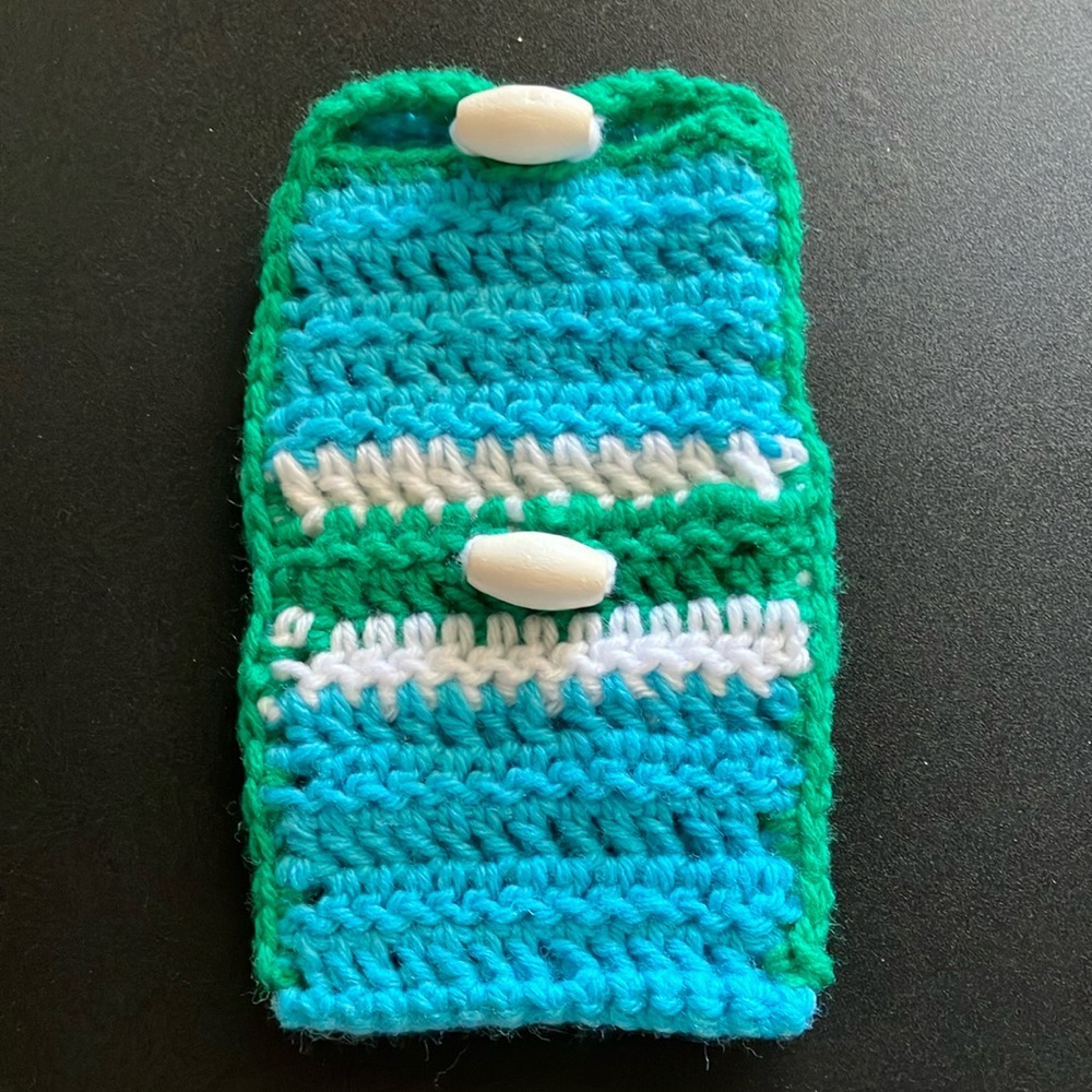 Handmade Crochet Cell Phone Holder Pouch Eyeglass Case Blue Green Adjustable